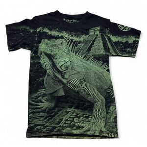 Pictorika Green Black Iguana Reptile Graphic Tee Shirt Cancun Mexico Men's Small